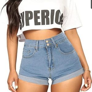 Women's Summer High Waisted Denim Shorts Folded Hem Casual Short Jeans